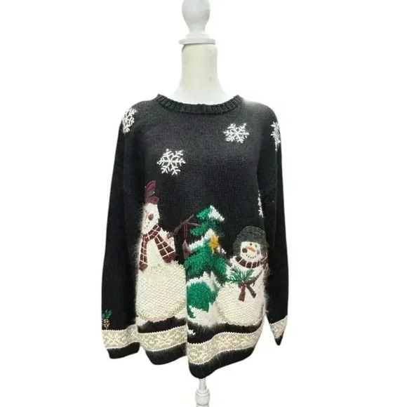 Croft & Barrow Hand Knitted Black With Muti color Snowman Sweater Size Large - Picture 4 of 16